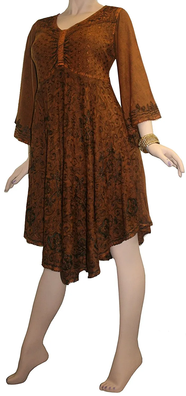 117 DR Butterfly Embroidered Bell Sleeve Flare Knee Length Dress