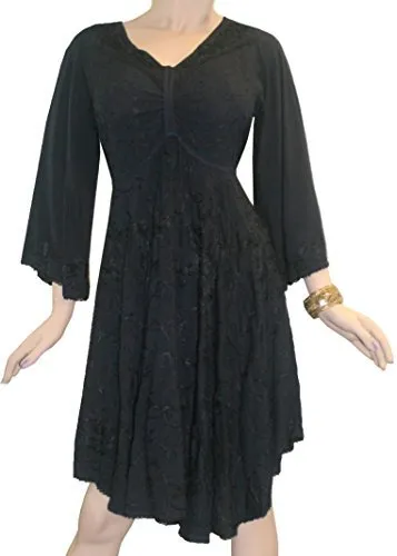 117 DR Butterfly Embroidered Bell Sleeve Flare Knee Length Dress