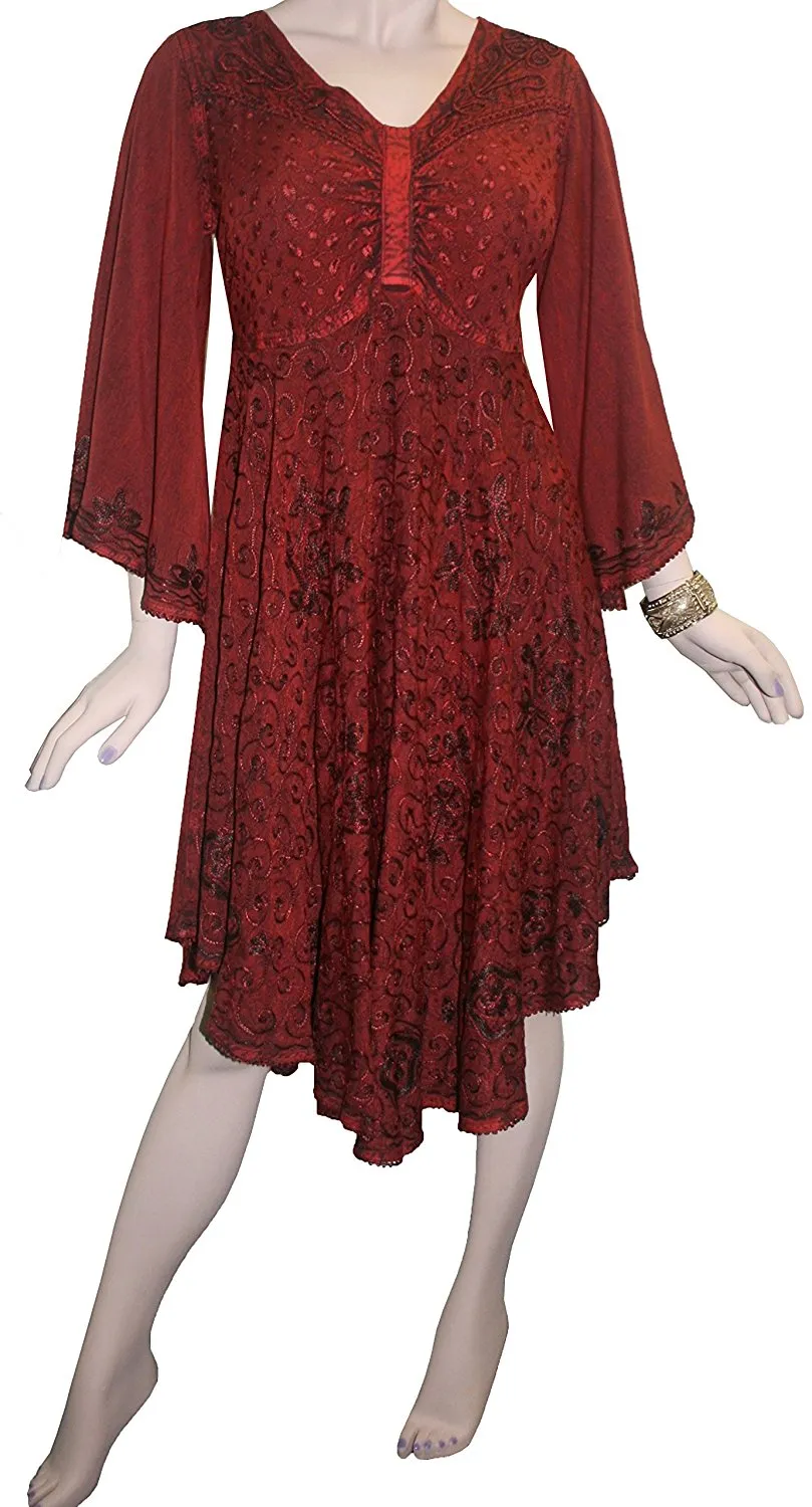 117 DR Butterfly Embroidered Bell Sleeve Flare Knee Length Dress