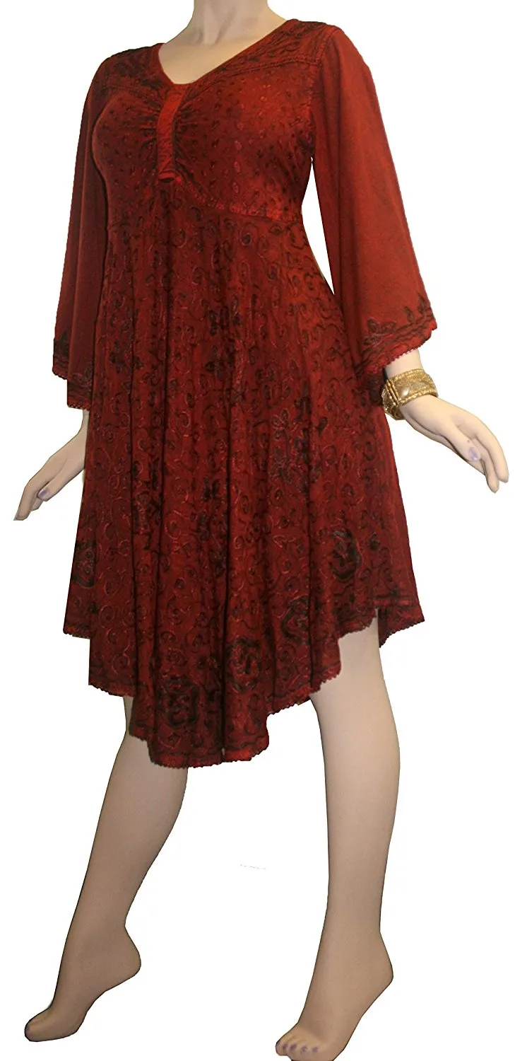 117 DR Butterfly Embroidered Bell Sleeve Flare Knee Length Dress