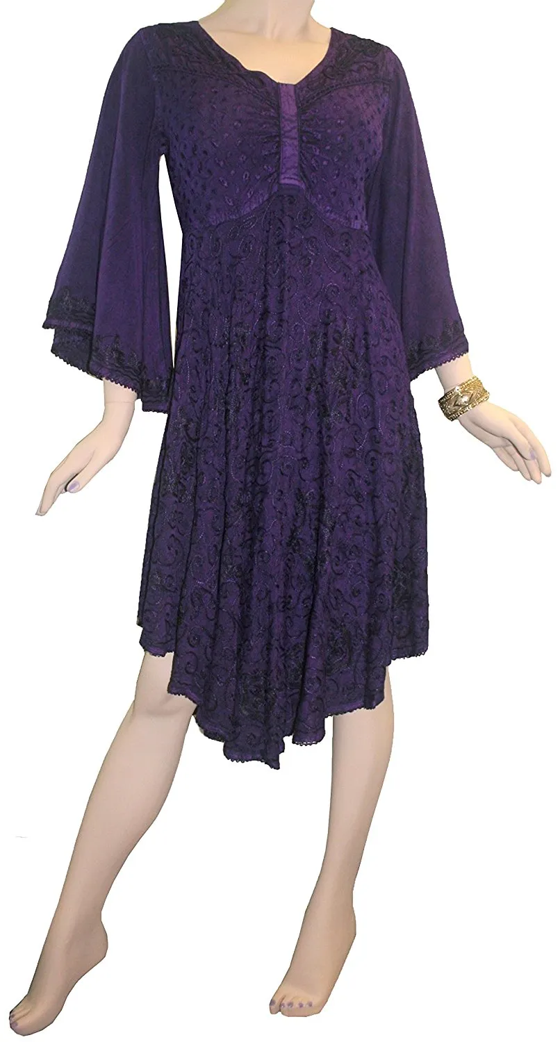 117 DR Butterfly Embroidered Bell Sleeve Flare Knee Length Dress