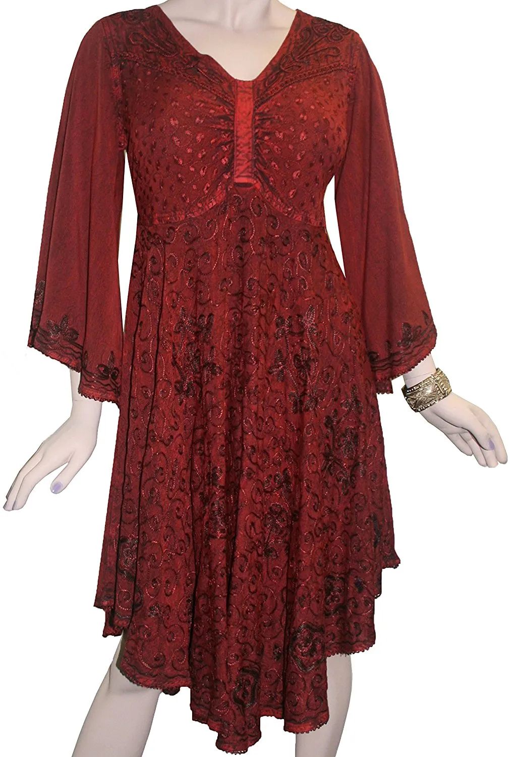 117 DR Butterfly Embroidered Bell Sleeve Flare Knee Length Dress