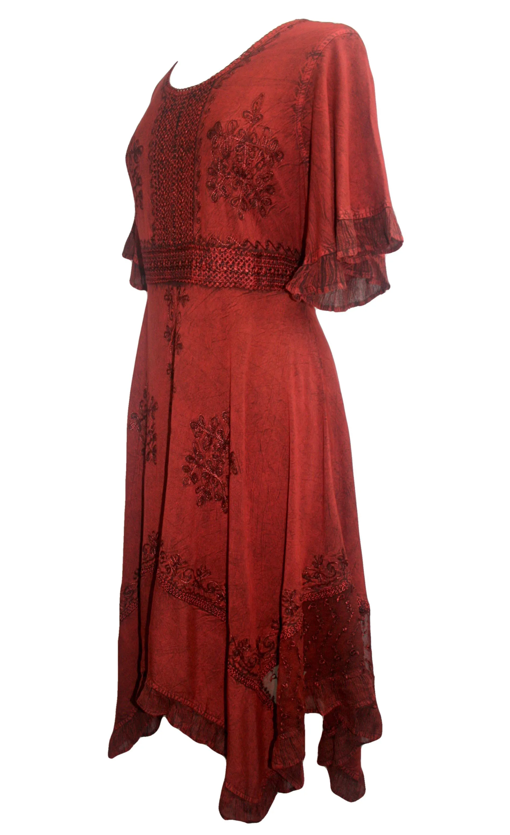 18 6014 DR Bohemian Asymmetrical Hem Ruffle Embroidered Casual Chic Dress