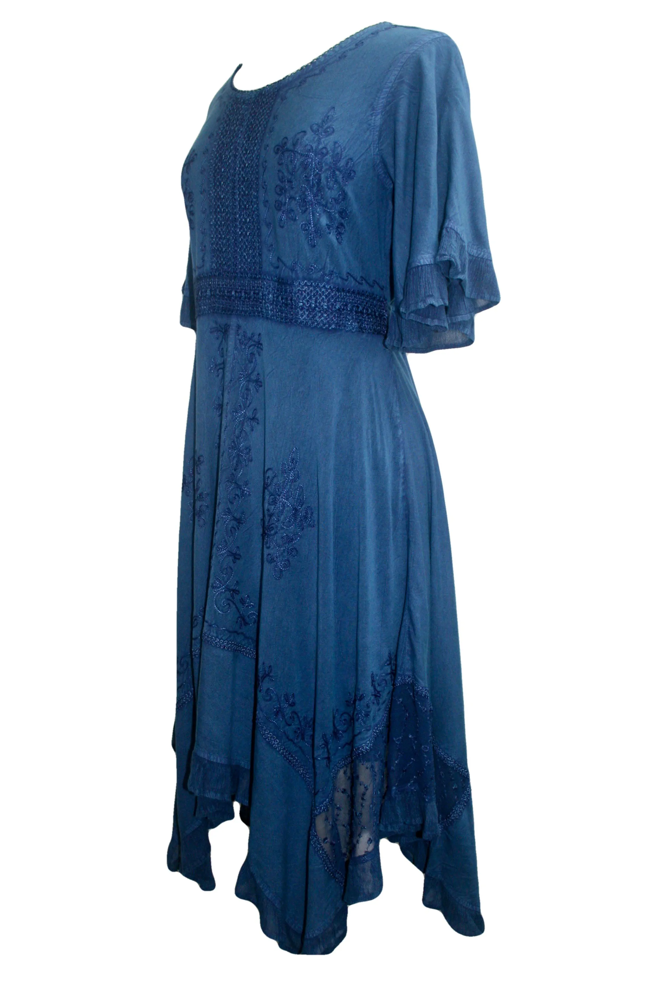 18 6014 DR Bohemian Asymmetrical Hem Ruffle Embroidered Casual Chic Dress