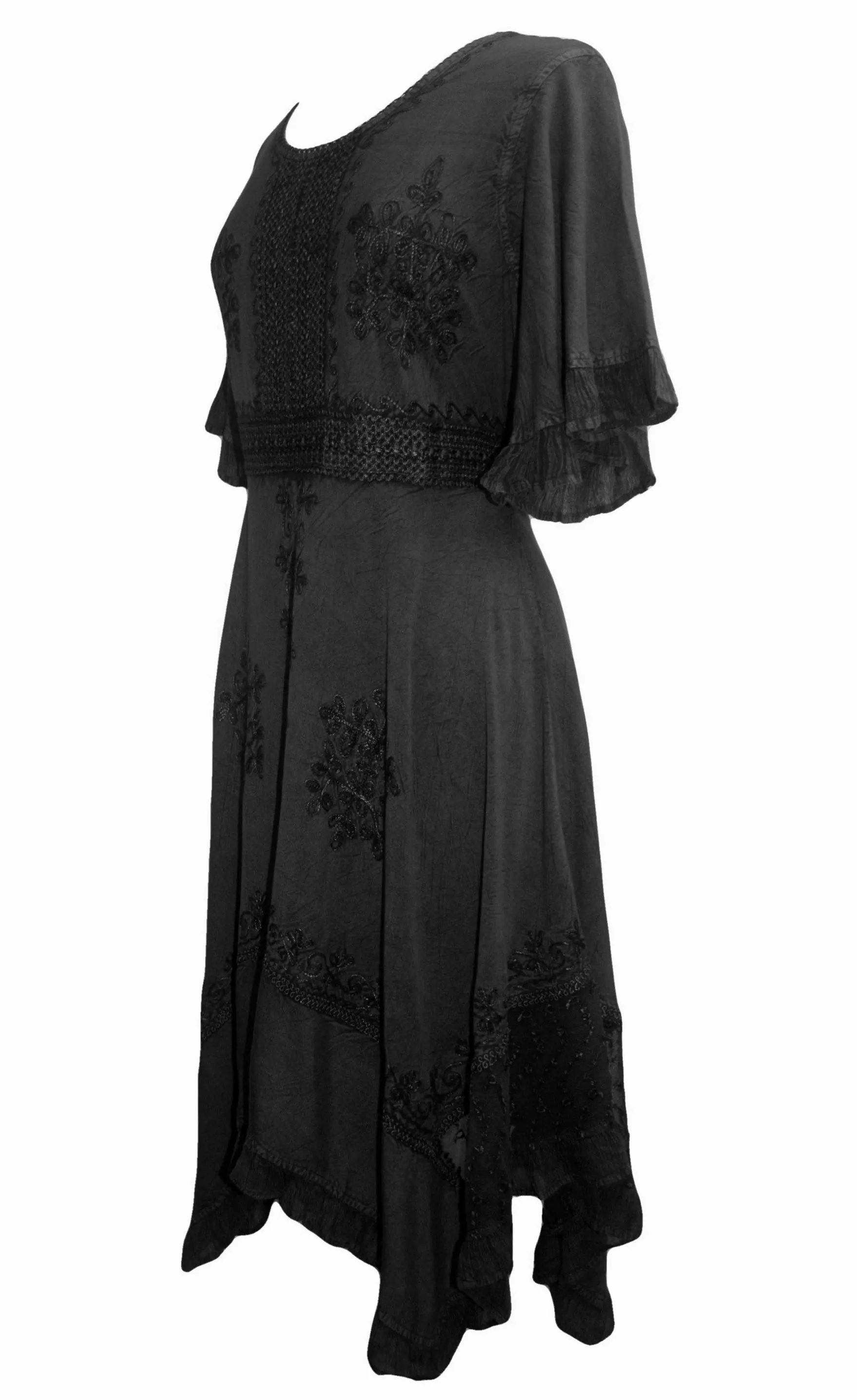 18 6014 DR Bohemian Asymmetrical Hem Ruffle Embroidered Casual Chic Dress