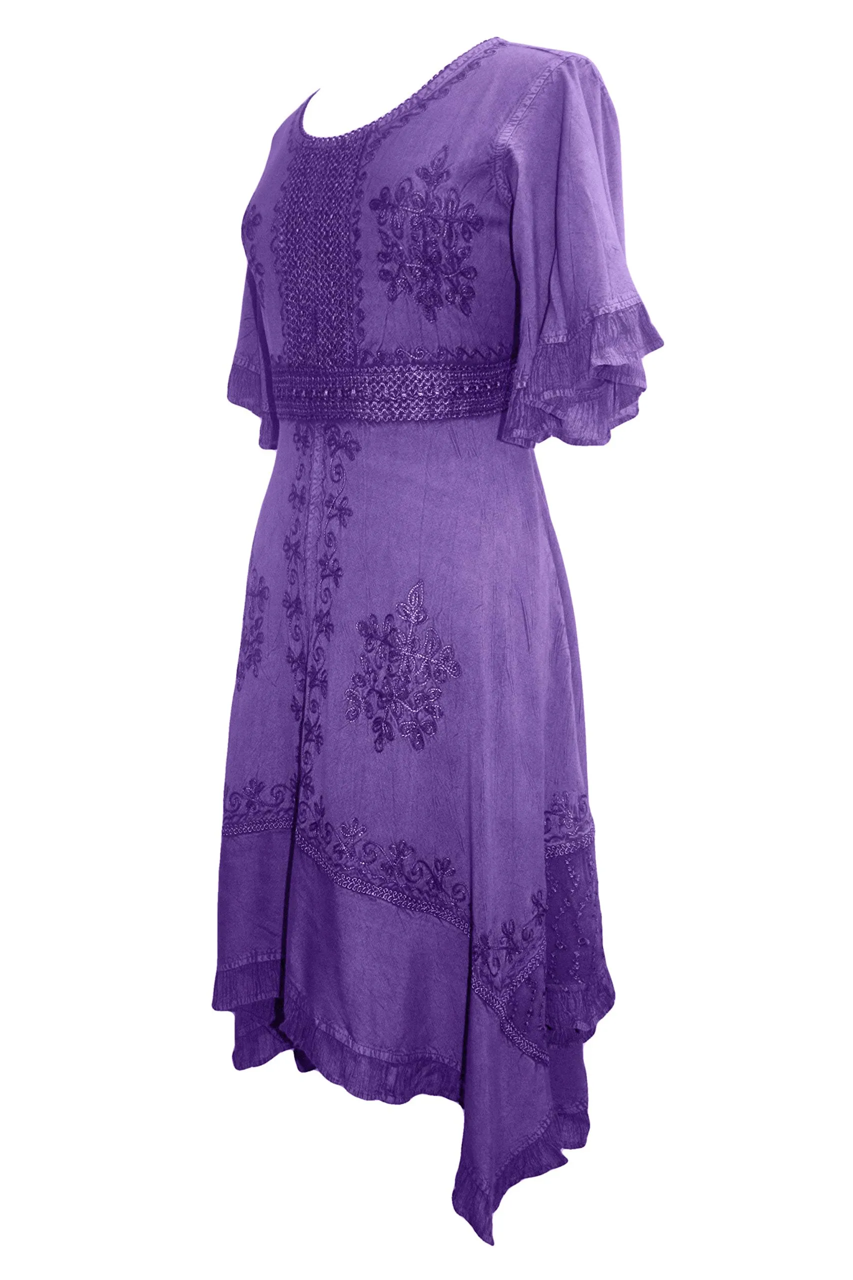18 6014 DR Bohemian Asymmetrical Hem Ruffle Embroidered Casual Chic Dress
