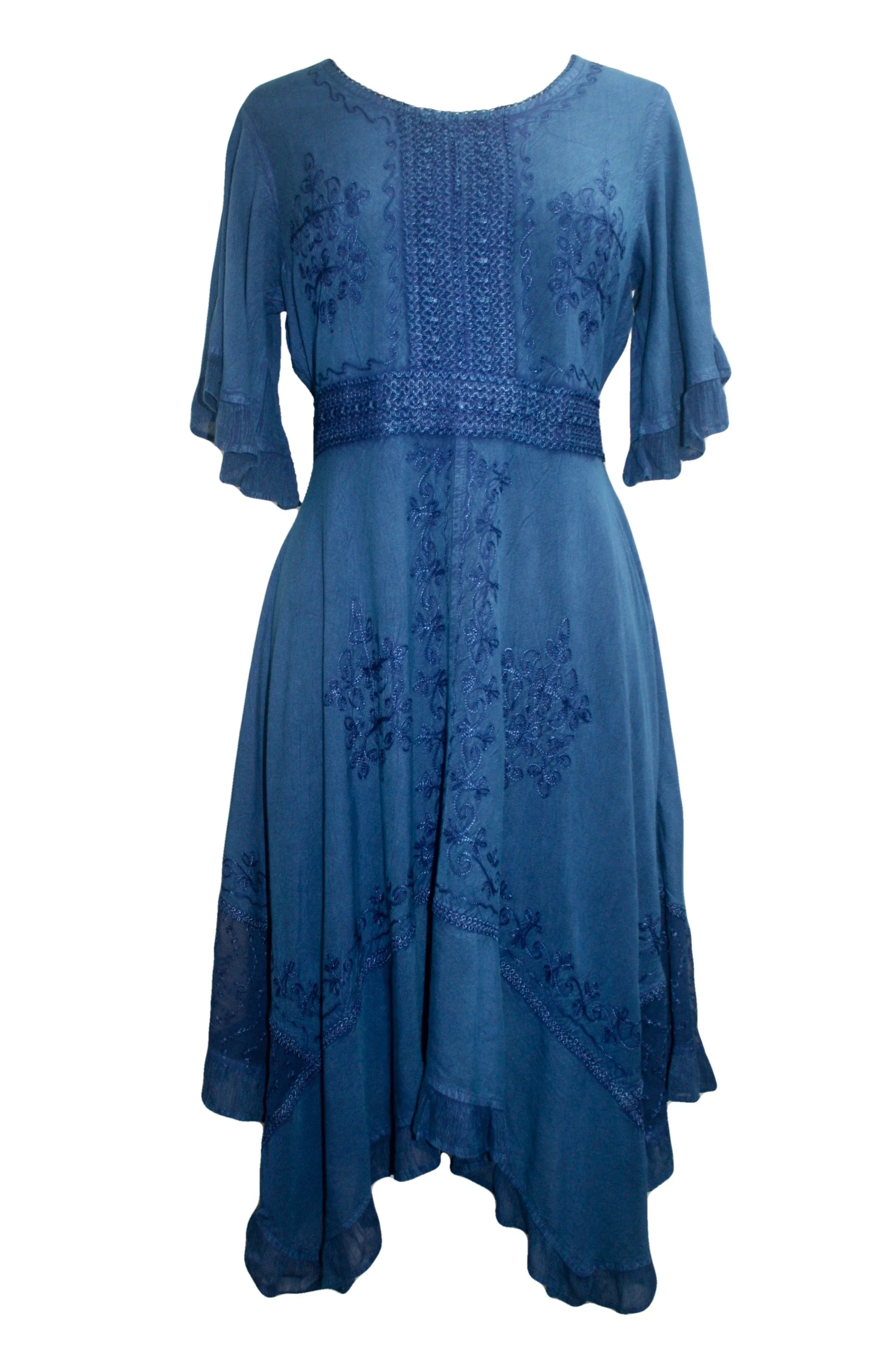 18 6014 DR Bohemian Asymmetrical Hem Ruffle Embroidered Casual Chic Dress