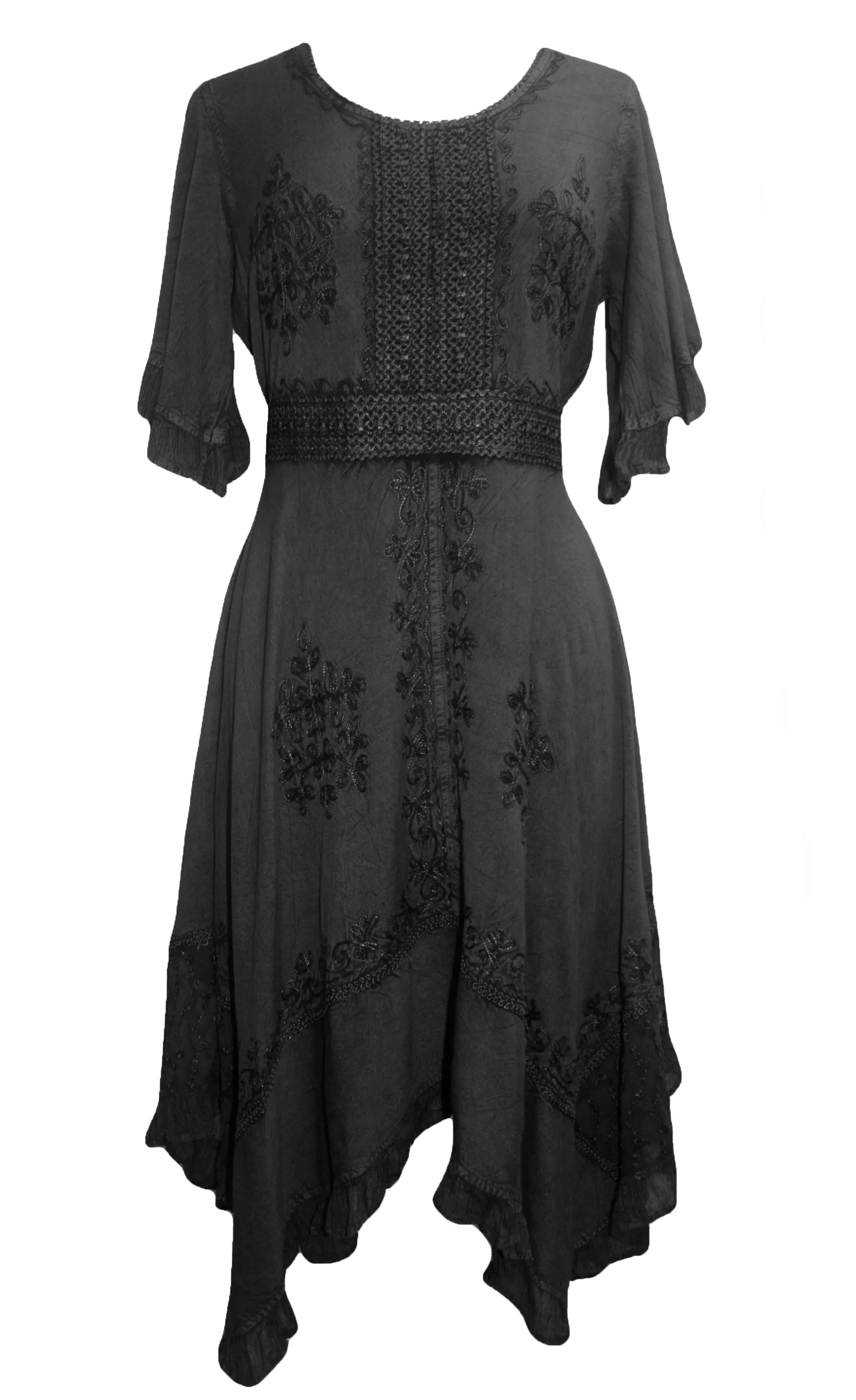 18 6014 DR Bohemian Asymmetrical Hem Ruffle Embroidered Casual Chic Dress