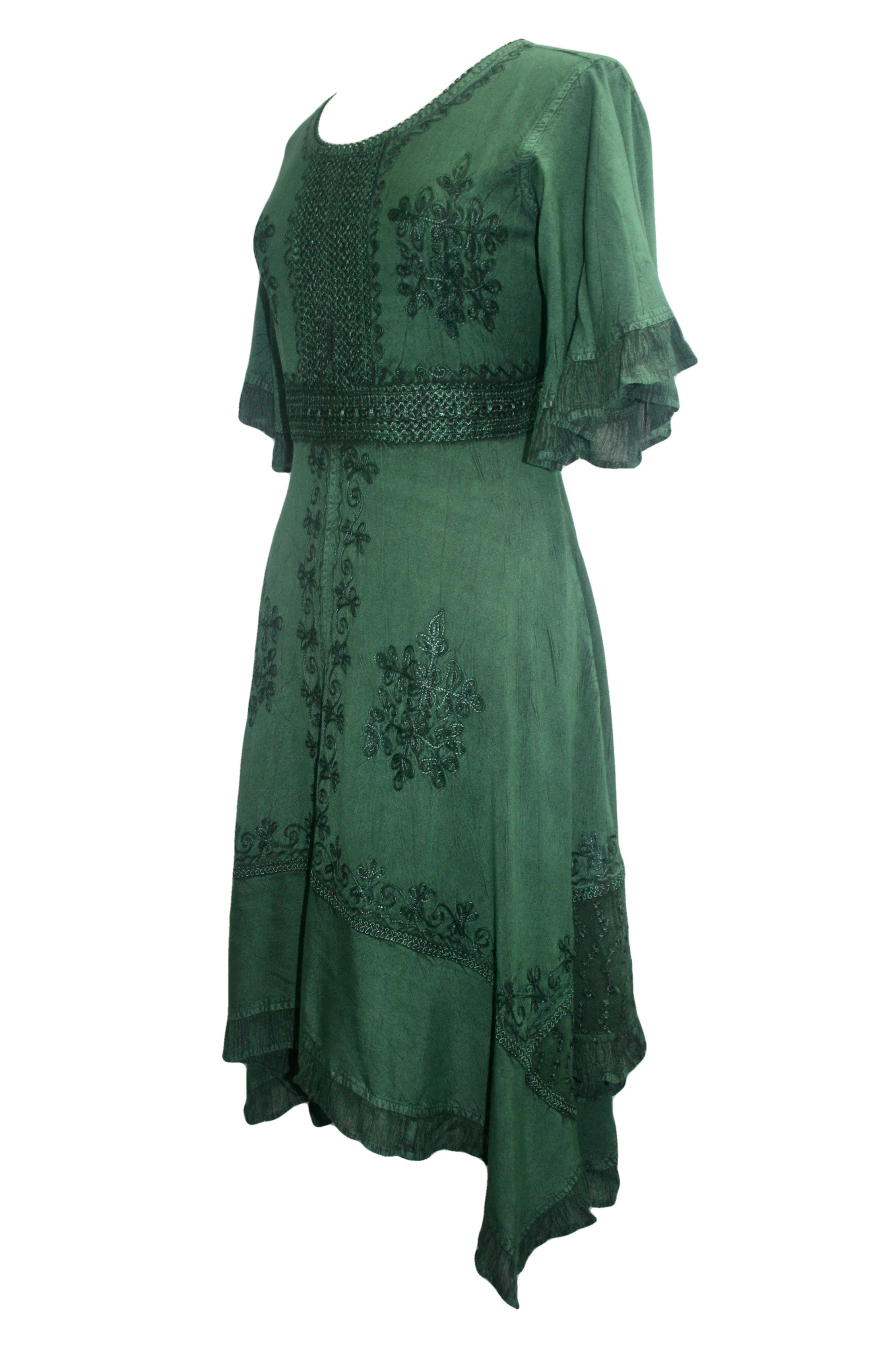 18 6014 DR Bohemian Asymmetrical Hem Ruffle Embroidered Casual Chic Dress