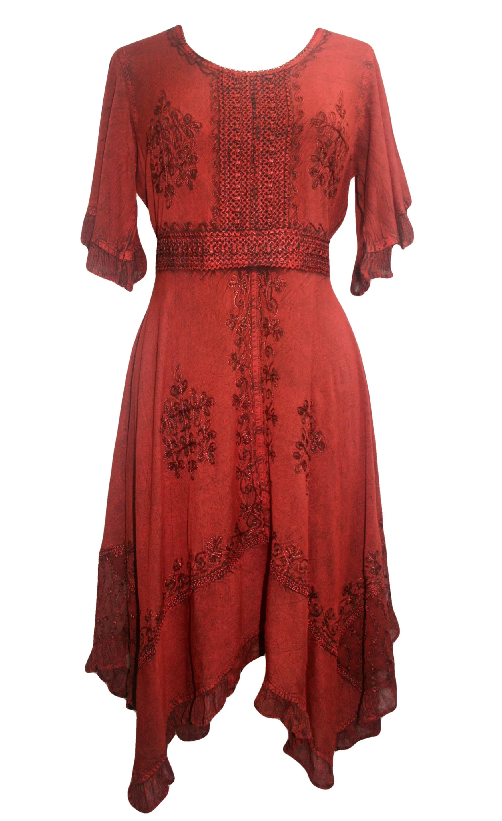 18 6014 DR Bohemian Asymmetrical Hem Ruffle Embroidered Casual Chic Dress