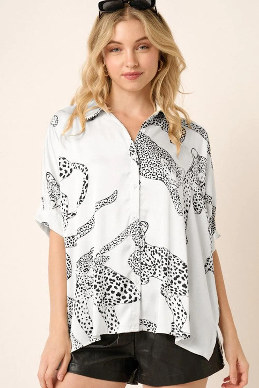 Beige Cheetah Print Buttoned Half Sleeve Blouse