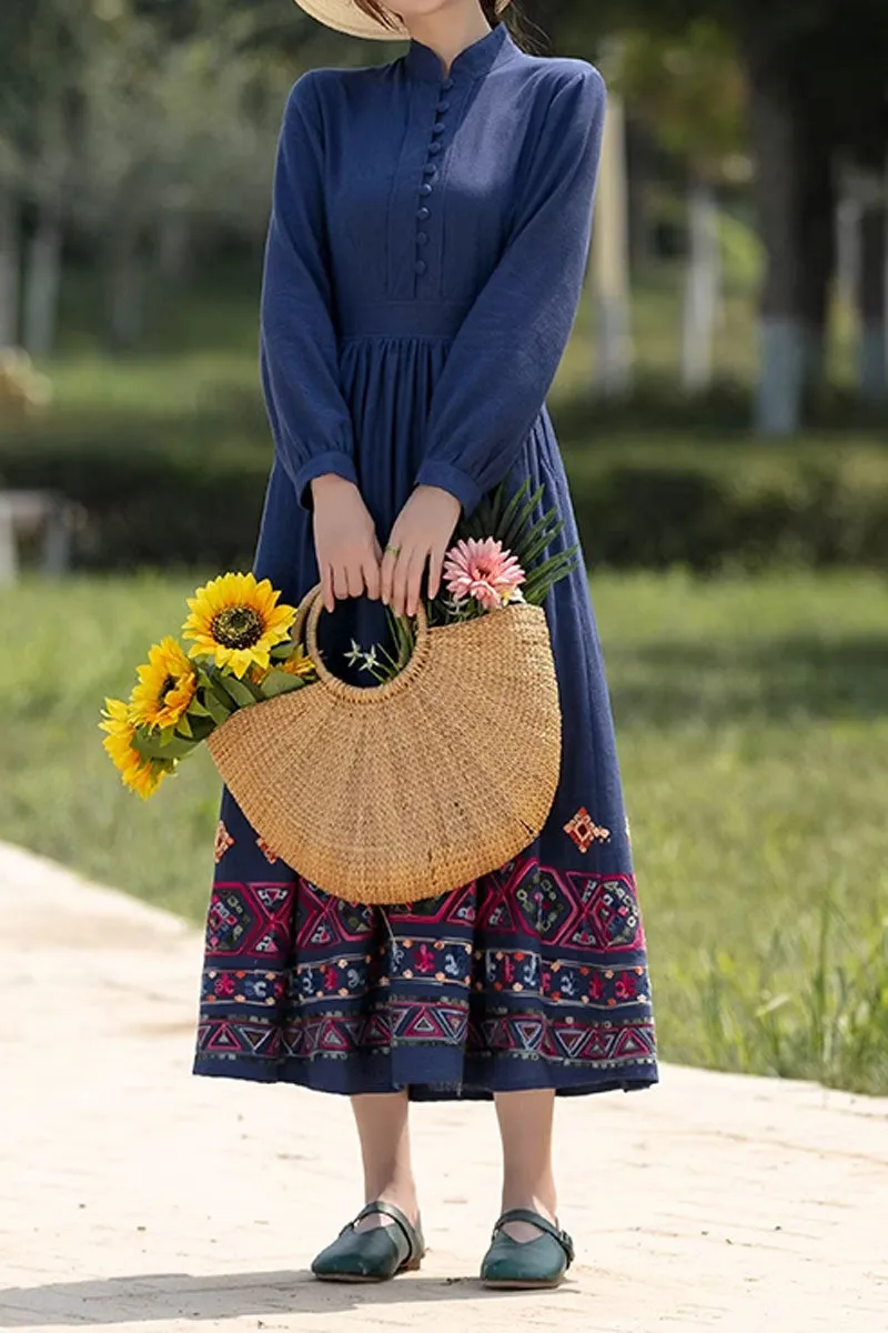 Blue vintage midi linen dress for women 4820