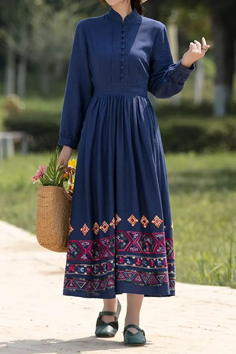 Blue vintage midi linen dress for women 4820
