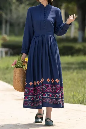 Blue vintage midi linen dress for women 4820
