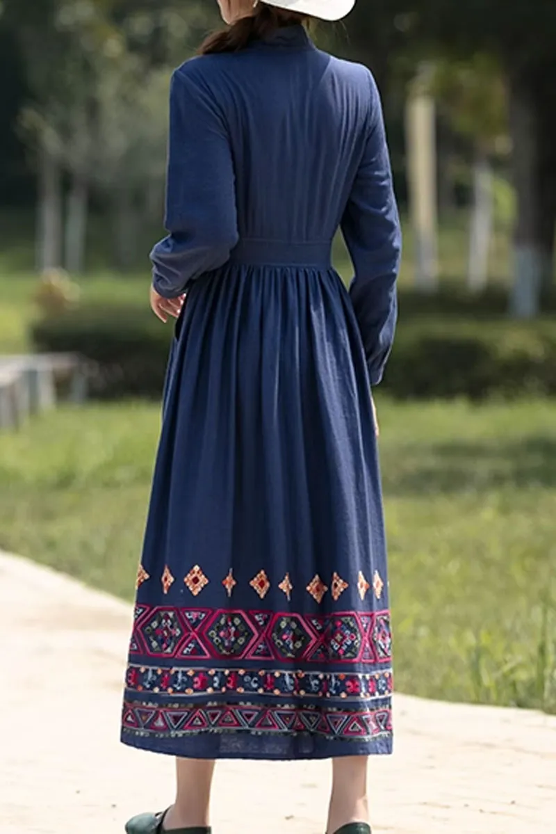Blue vintage midi linen dress for women 4820