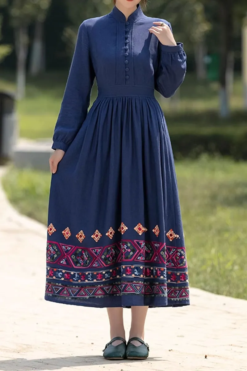 Blue vintage midi linen dress for women 4820