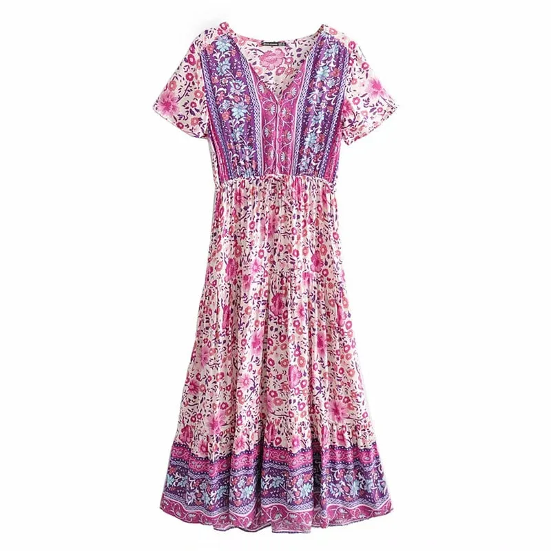 Boho Maxi Dress, Wild Floral, Fresh Pink Fuchsia