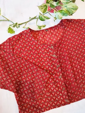Brick Red Pure Cotton Handblock Printed Contemporary Blouse/ Crop Top