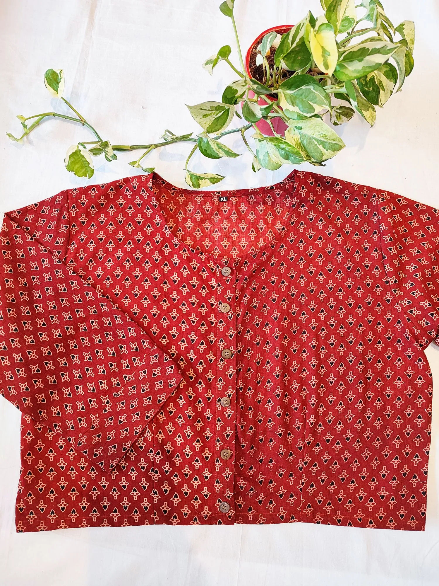 Brick Red Pure Cotton Handblock Printed Contemporary Blouse/ Crop Top