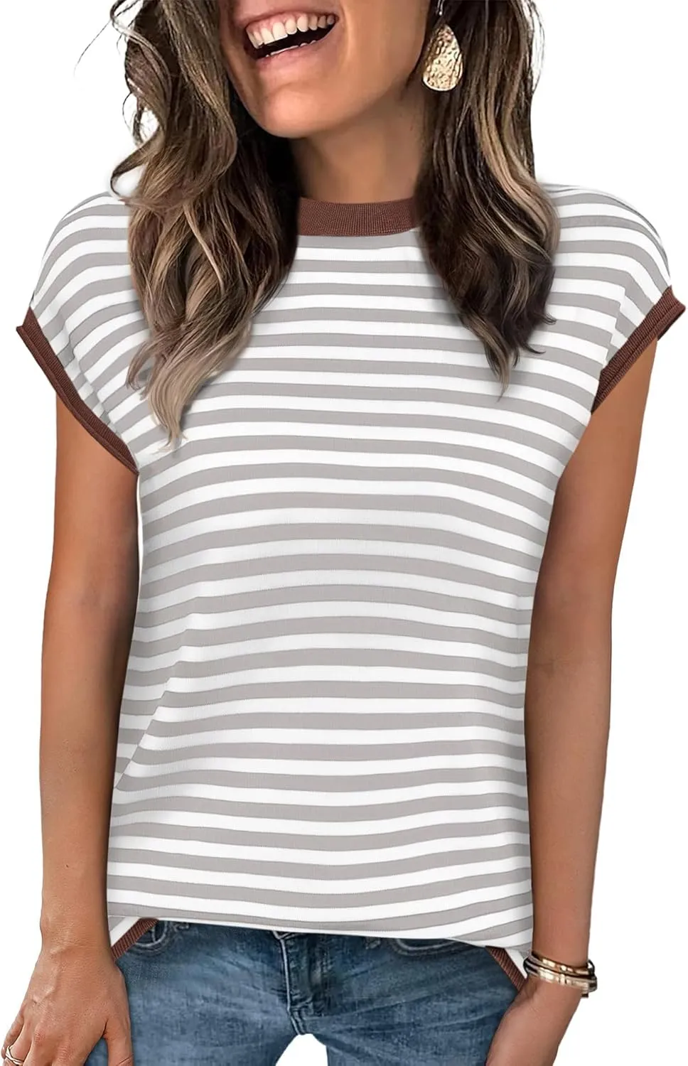 Cap Sleeve Tops for Women Summer Striped Short Sleeve Sweater Top Crew Neck Sleeveless Vest Spring Going Out Shirts