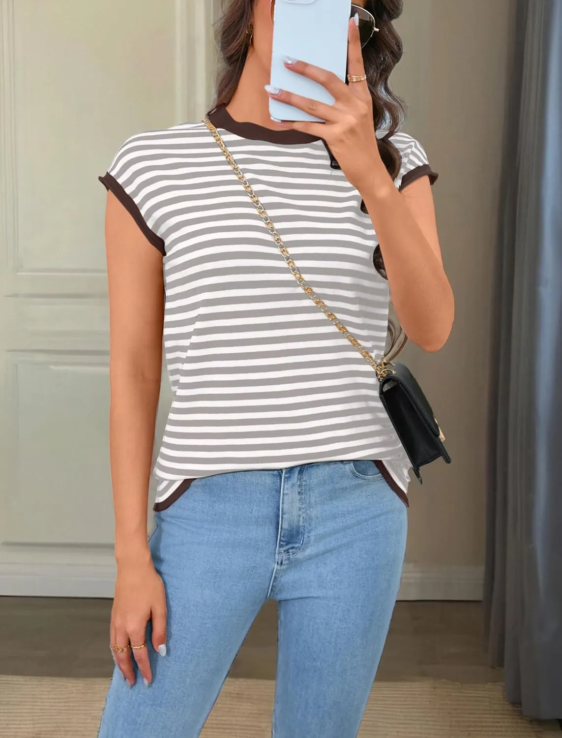 Cap Sleeve Tops for Women Summer Striped Short Sleeve Sweater Top Crew Neck Sleeveless Vest Spring Going Out Shirts