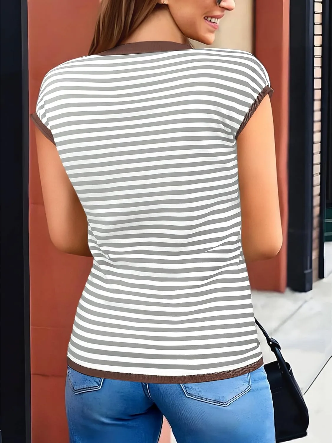 Cap Sleeve Tops for Women Summer Striped Short Sleeve Sweater Top Crew Neck Sleeveless Vest Spring Going Out Shirts