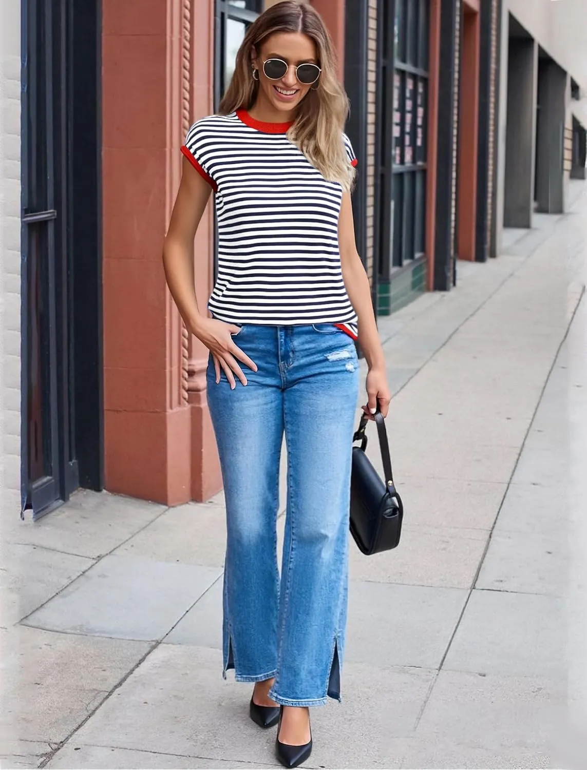 Cap Sleeve Tops for Women Summer Striped Short Sleeve Sweater Top Crew Neck Sleeveless Vest Spring Going Out Shirts