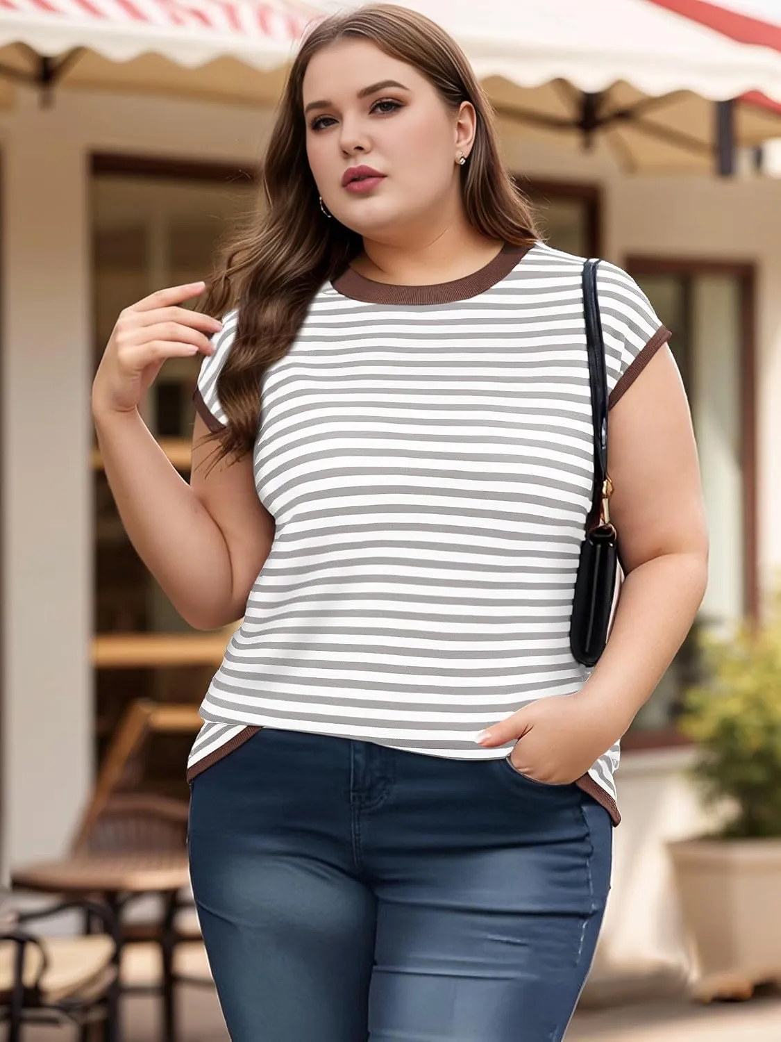 Cap Sleeve Tops for Women Summer Striped Short Sleeve Sweater Top Crew Neck Sleeveless Vest Spring Going Out Shirts