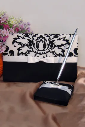 Classic Black & White Bow/Flower Guestbook & Pen Set