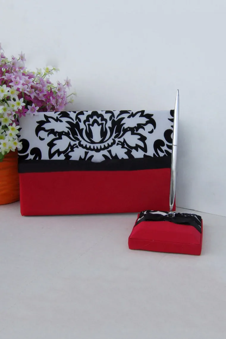 Classic Black & White Bow/Flower Guestbook & Pen Set