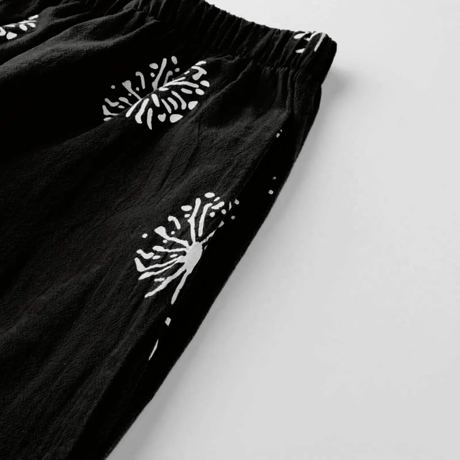 Cotton Linen Pants for Women Wide Leg Elastic Waist Printed Capri Pant Casual Loose Summer Cropped Trousers with Pockets