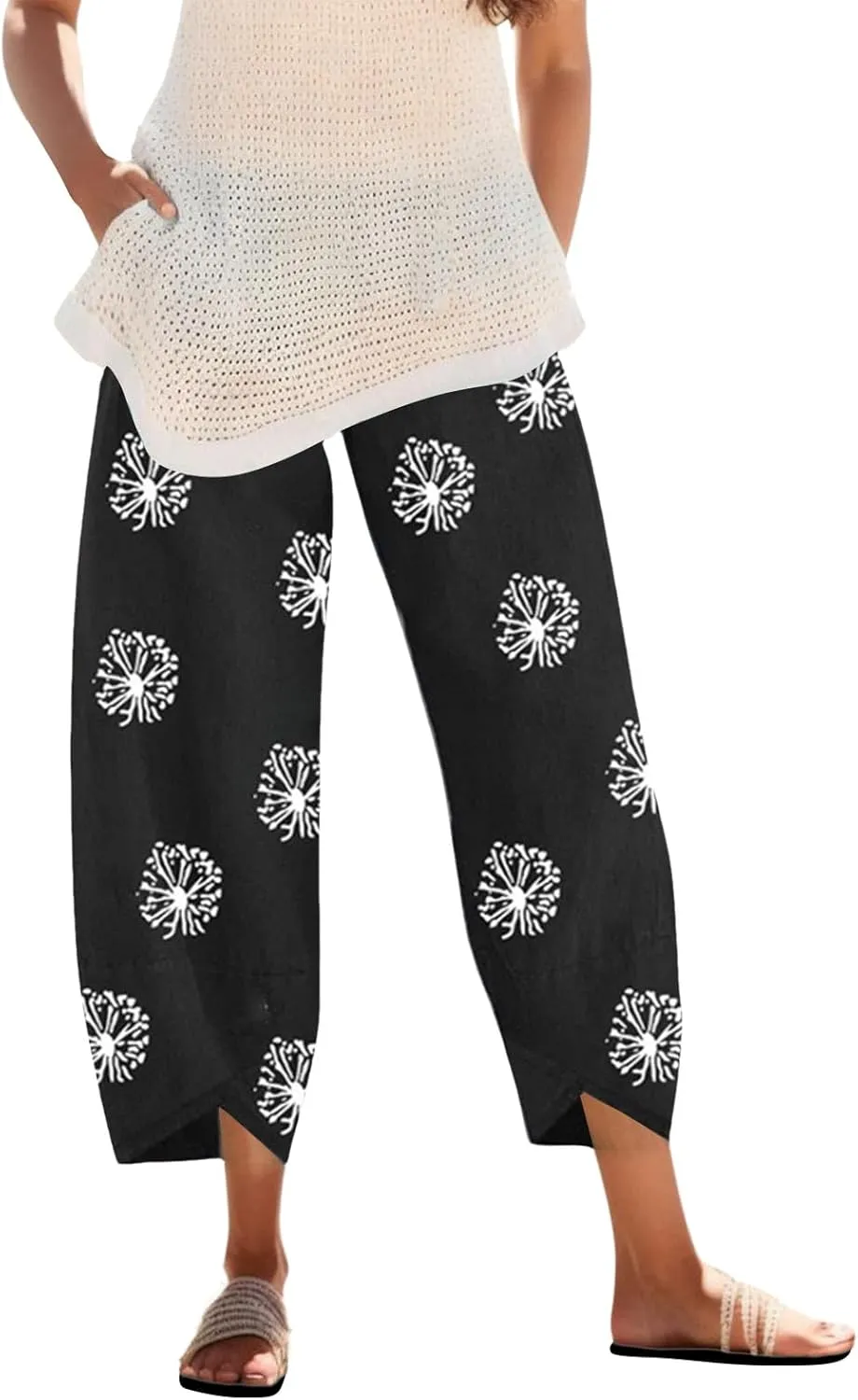 Cotton Linen Pants for Women Wide Leg Elastic Waist Printed Capri Pant Casual Loose Summer Cropped Trousers with Pockets