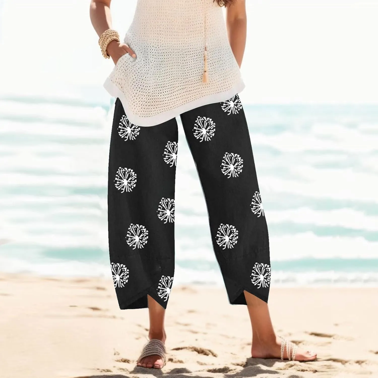 Cotton Linen Pants for Women Wide Leg Elastic Waist Printed Capri Pant Casual Loose Summer Cropped Trousers with Pockets