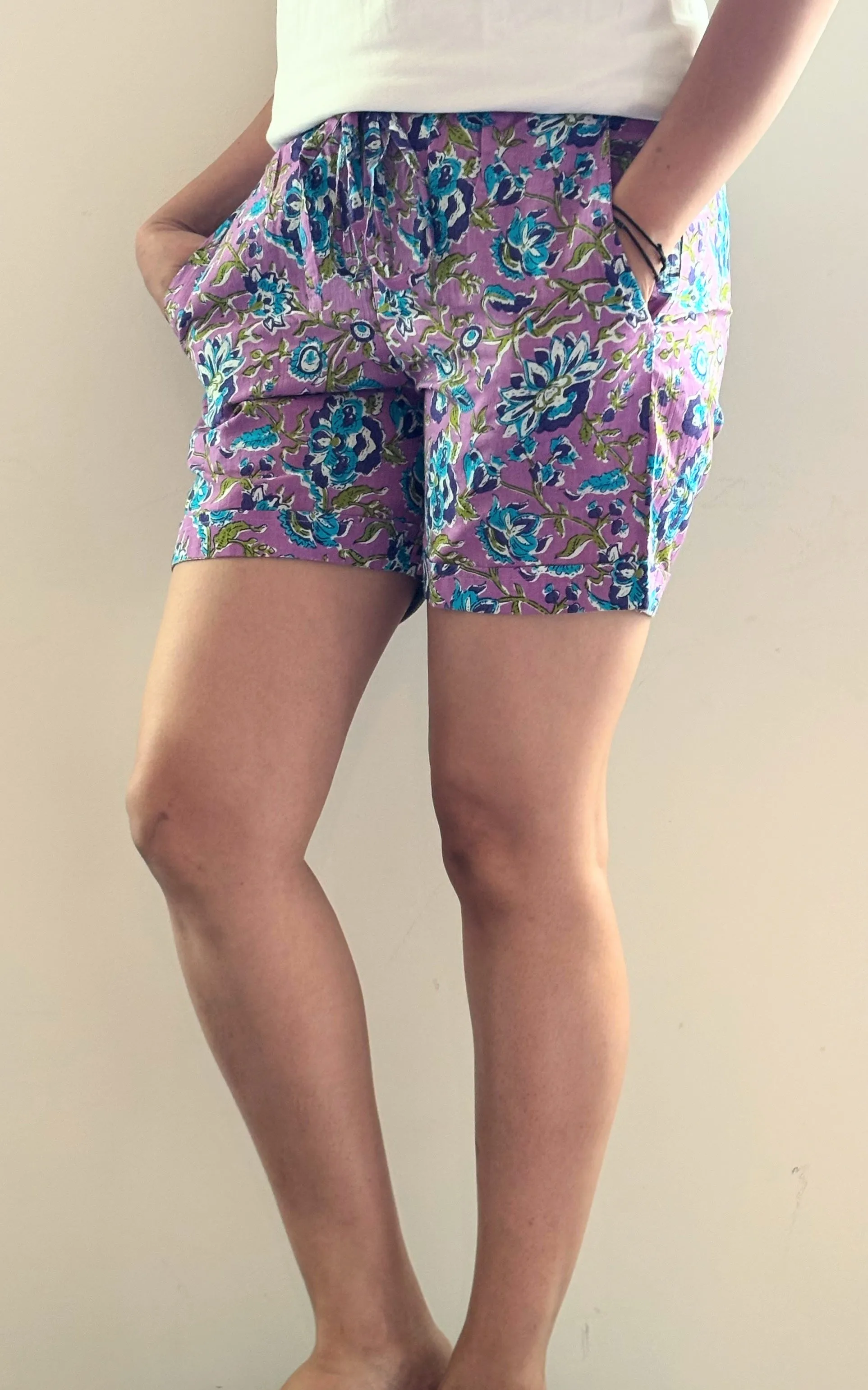 Cotton Pajama Shorts for Women with Pockets - Mystic Lavender