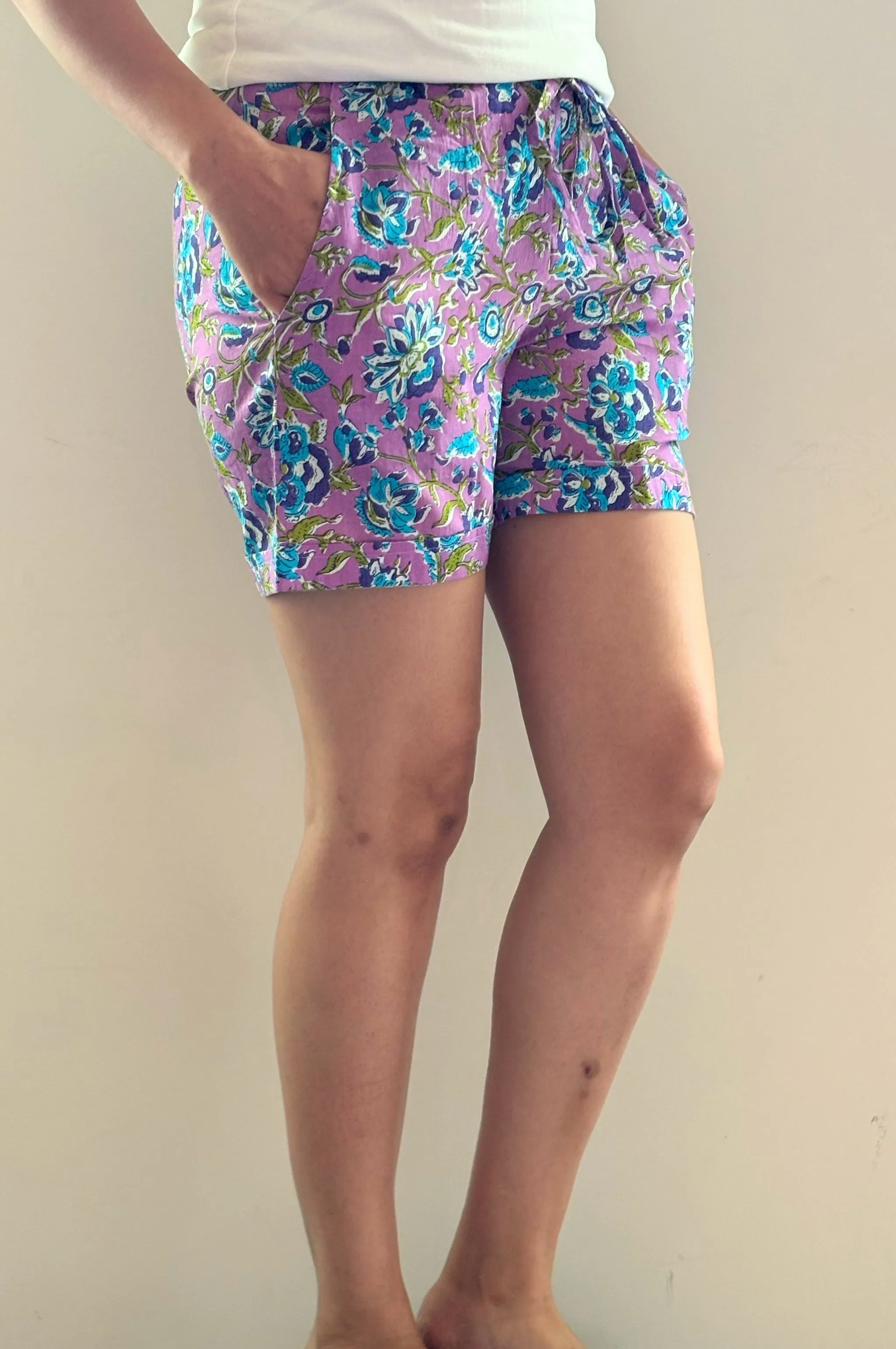 Cotton Pajama Shorts for Women with Pockets - Mystic Lavender