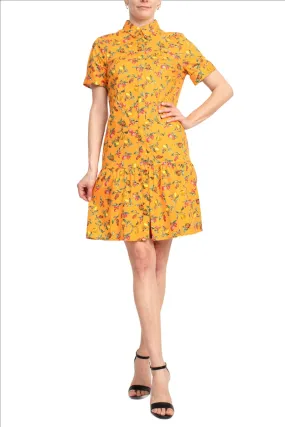 Donna Morgan Collared High Neck Button Down Folded Short Sleeve Multi Print Cotton Blend Dress with Pockets