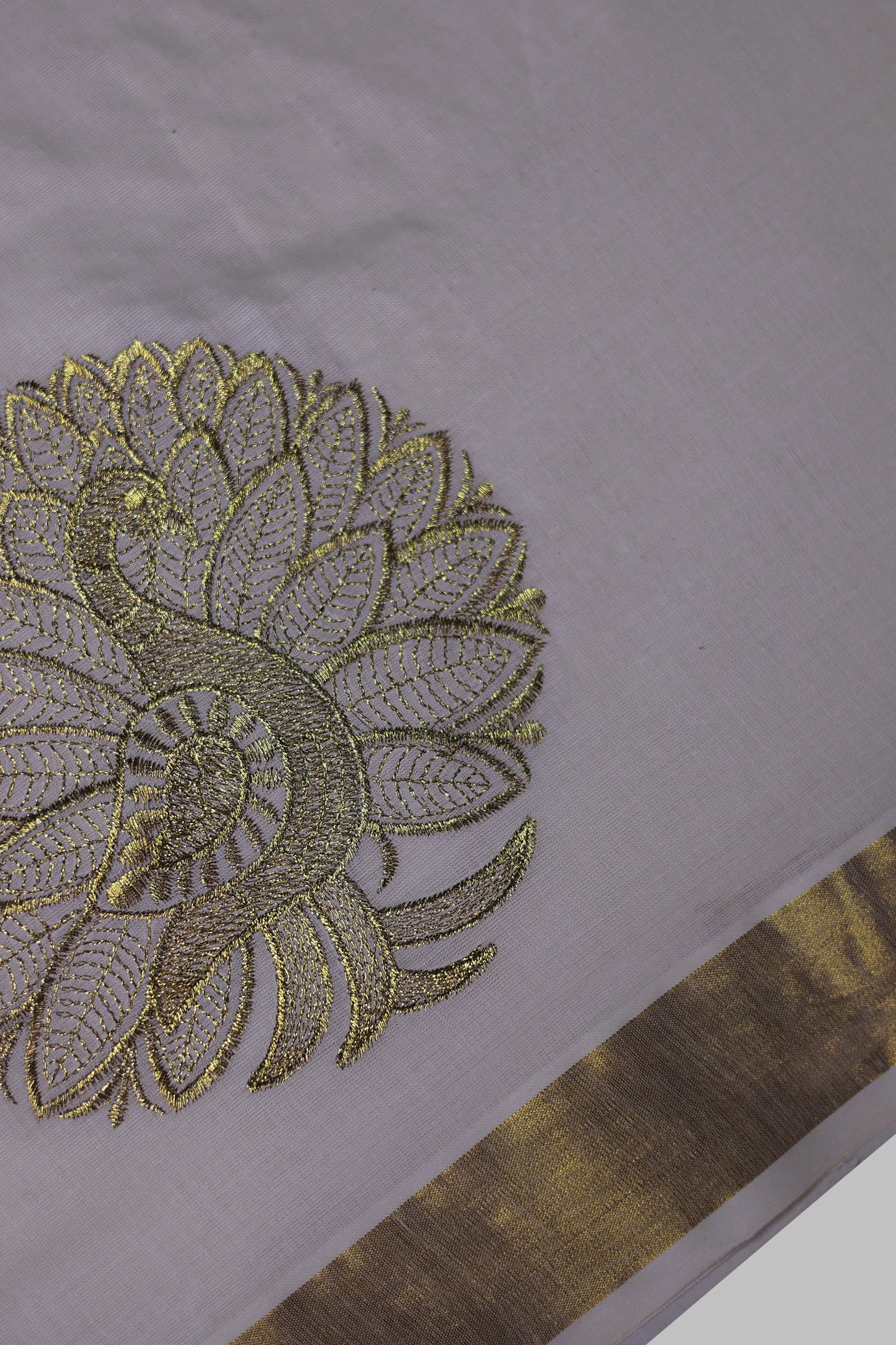 Elegant Kerala Cotton Saree with Peacock Motifs & Gold Zari Border