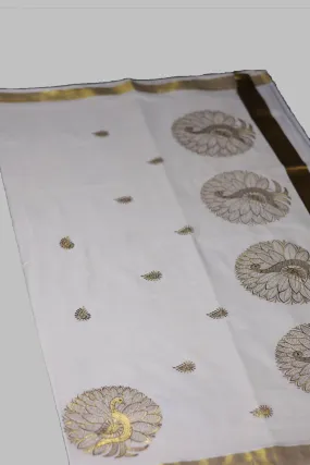 Elegant Kerala Cotton Saree with Peacock Motifs & Gold Zari Border
