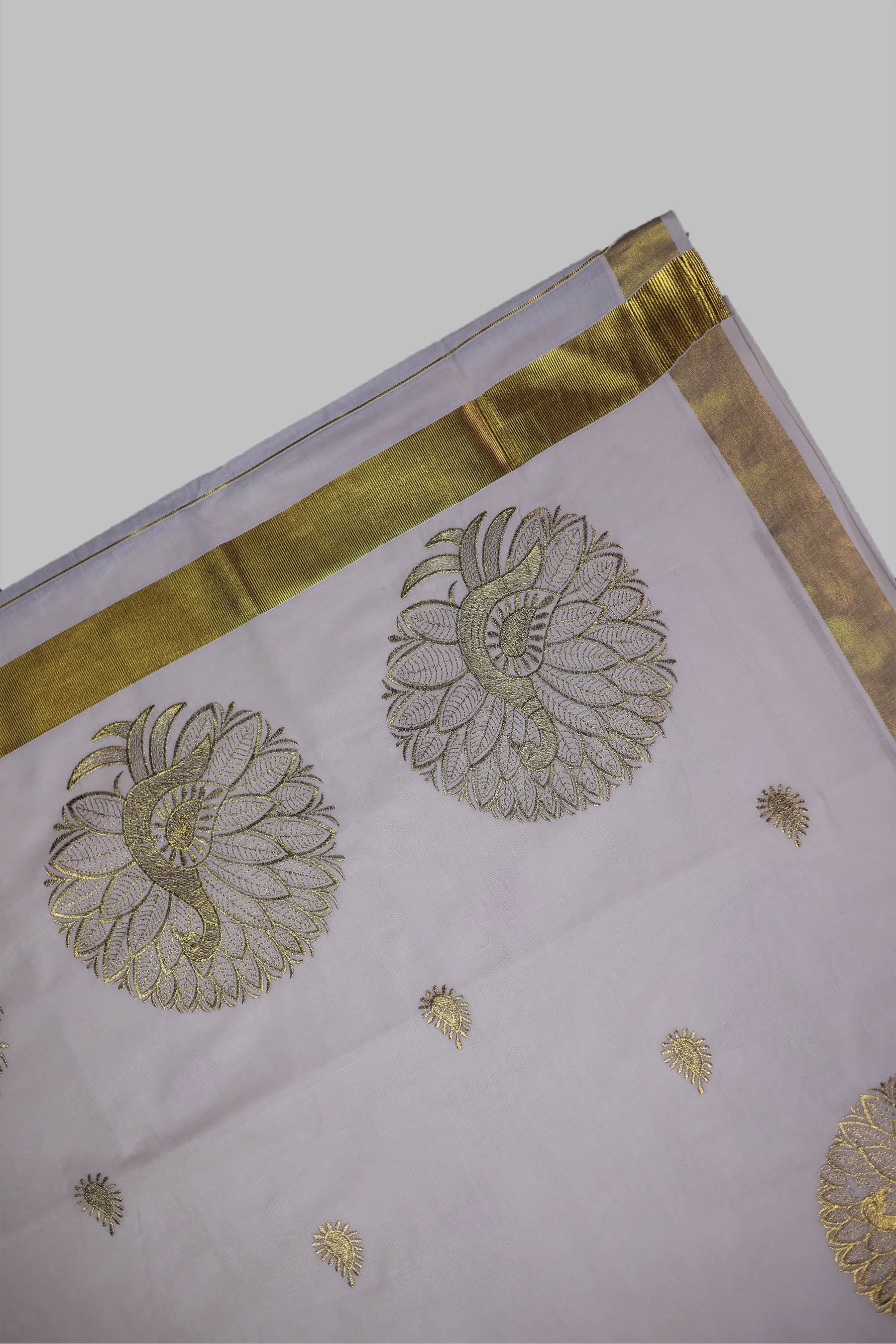 Elegant Kerala Cotton Saree with Peacock Motifs & Gold Zari Border