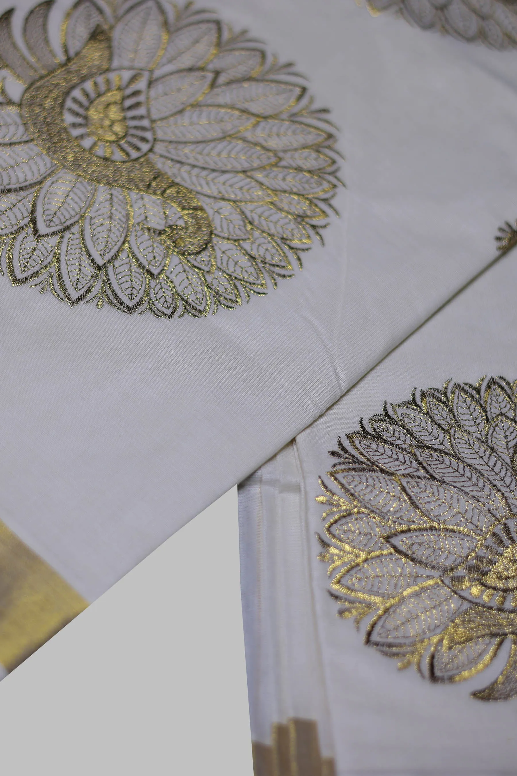 Elegant Kerala Cotton Saree with Peacock Motifs & Gold Zari Border