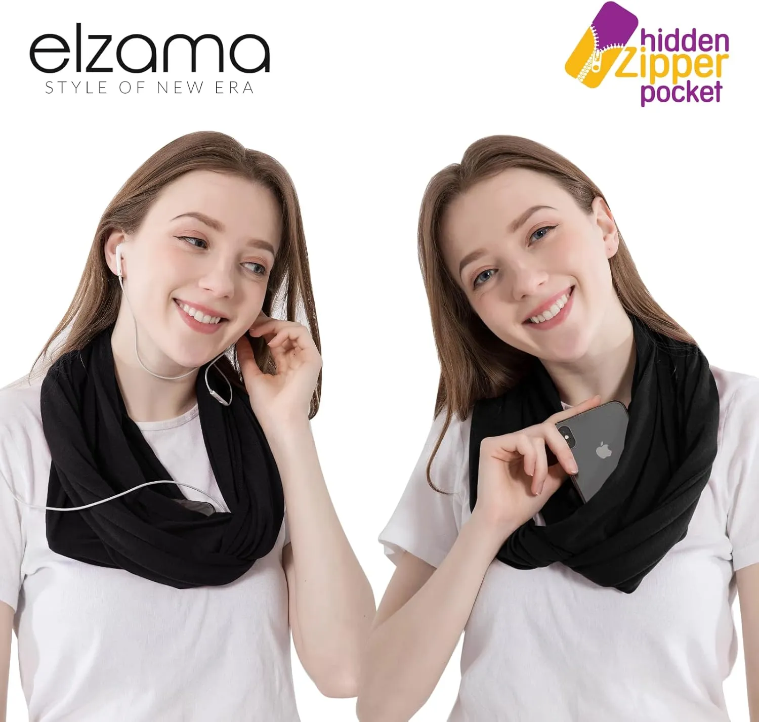 elzama Infinity Loop Solid Color Scarf With Hidden Zipper Pocket For Women - Lightweight Travel Neck Wrap
