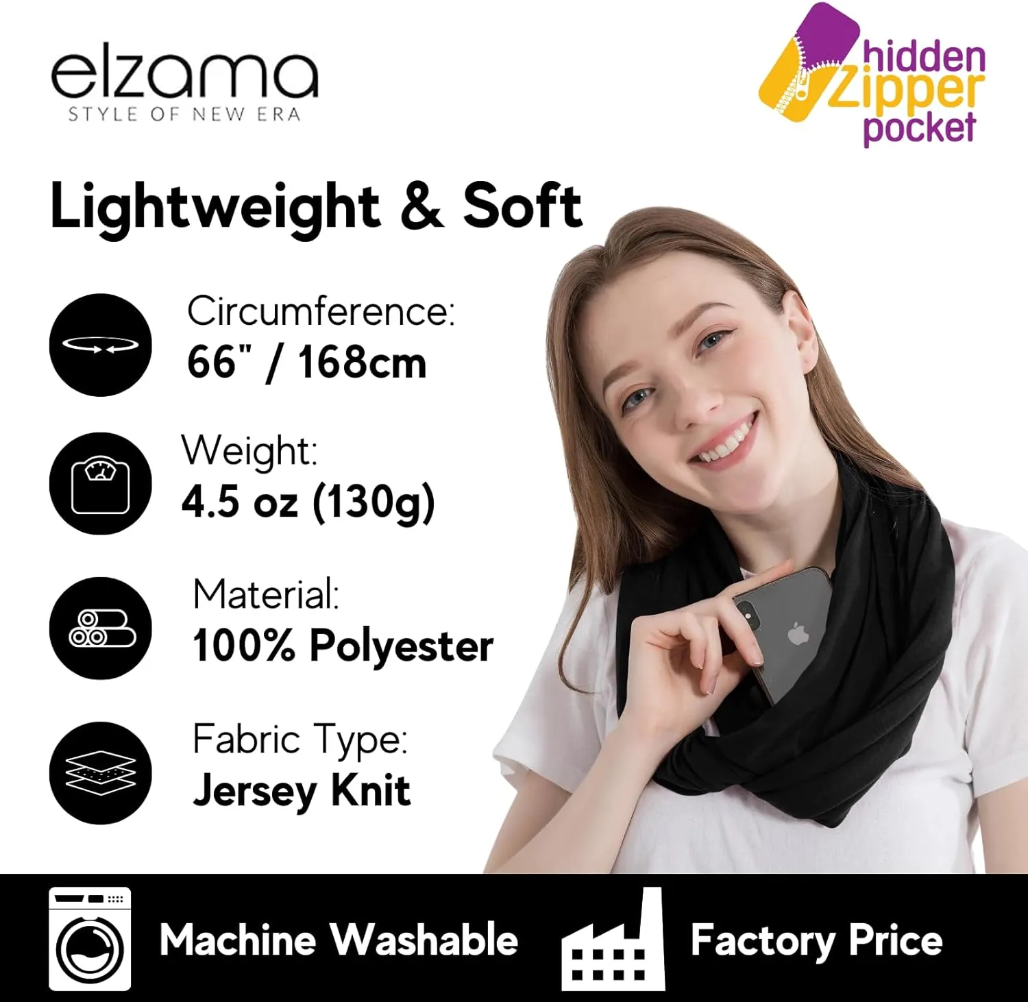 elzama Infinity Loop Solid Color Scarf With Hidden Zipper Pocket For Women - Lightweight Travel Neck Wrap