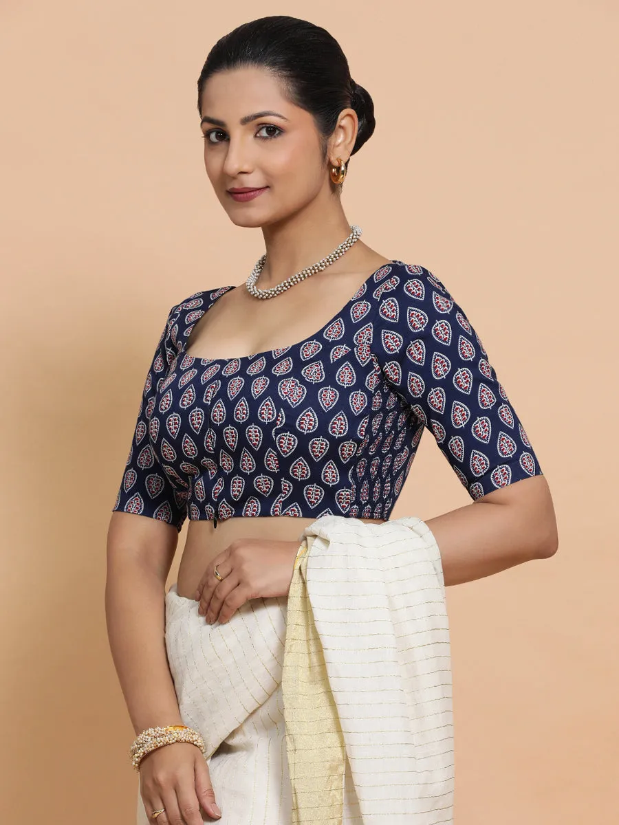 Ena x Rozaana | Elbow Sleeves Cotton Saree Blouse in Indigo Blue Spade Block Print Fabric