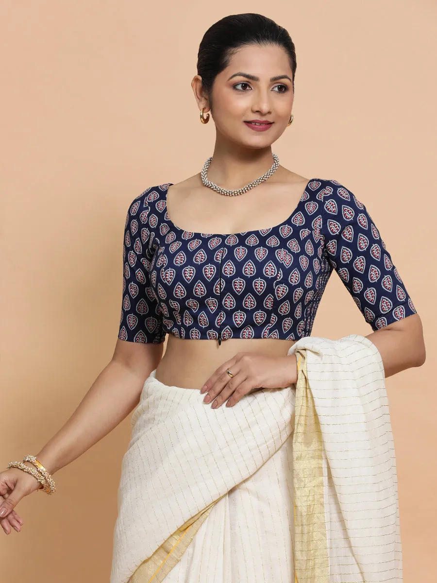 Ena x Rozaana | Elbow Sleeves Cotton Saree Blouse in Indigo Blue Spade Block Print Fabric