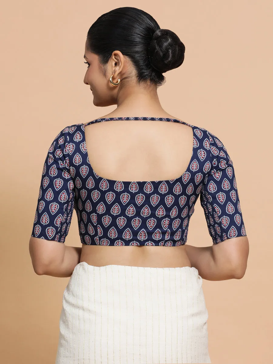 Ena x Rozaana | Elbow Sleeves Cotton Saree Blouse in Indigo Blue Spade Block Print Fabric