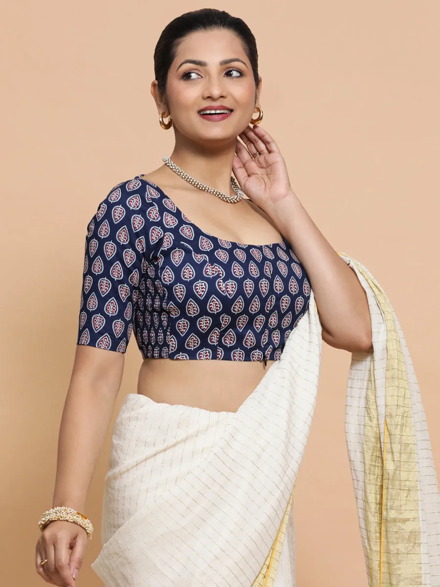 Ena x Rozaana | Elbow Sleeves Cotton Saree Blouse in Indigo Blue Spade Block Print Fabric