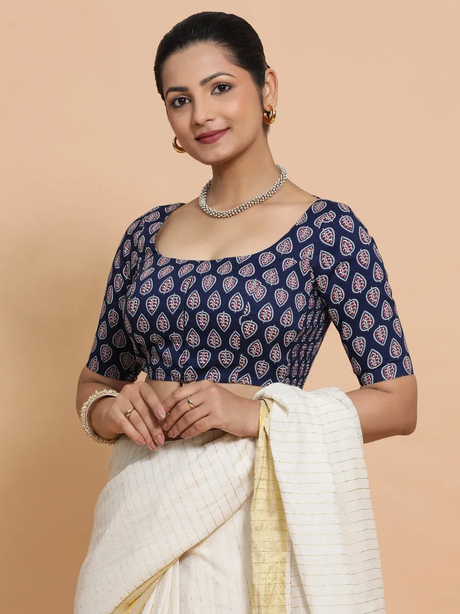 Ena x Rozaana | Elbow Sleeves Cotton Saree Blouse in Indigo Blue Spade Block Print Fabric