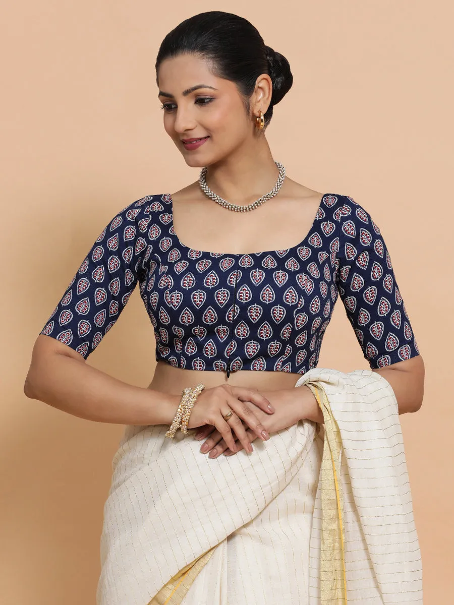 Ena x Rozaana | Elbow Sleeves Cotton Saree Blouse in Indigo Blue Spade Block Print Fabric
