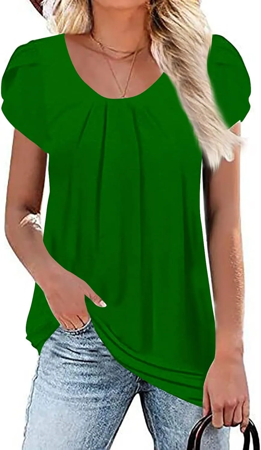 FlekmanArt Blouses for Women Fashion 2025 Summer Round Neck Petal Sleeve Breathable Tops Floral Printing Hide Belly T Shirts