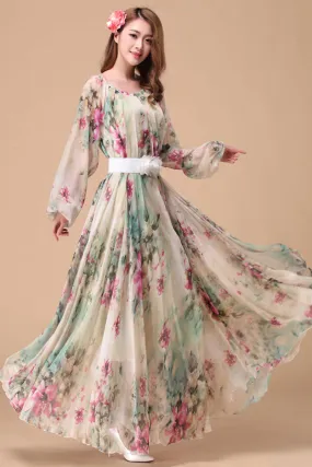 Floral chiffon dress, loose fitting beach dress 4463